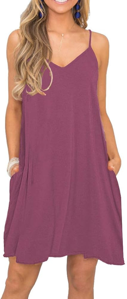 Women's Summer Spaghetti Strap Casual Swing Tank Beach Cover Up Dress with Pockets | Amazon (US)