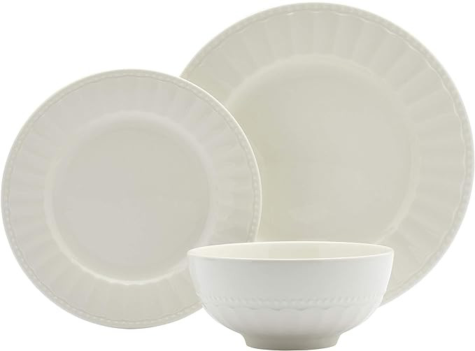 Tabletops Gallery Embossed Bone White Porcelain Round Dinnerware Collection- Chip Resistant Scrat... | Amazon (US)