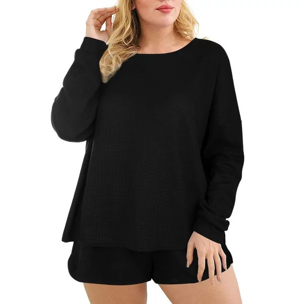 Women's Plus Size Pajama Sets Pullover Loungewear Long Sleeve Top and Shorts Waffle Knit Nightwea... | Walmart (US)