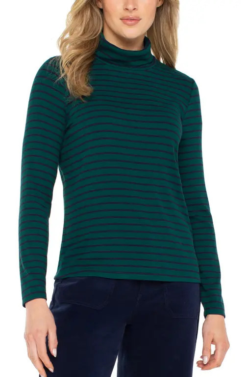 Liverpool Los Angeles Stripe Turtleneck Rib Top in Emerald/Navy Stripie at Nordstrom, Size Large | Nordstrom