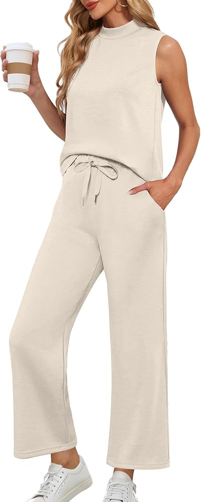 Lepunuo Two Piece Sets for Women Summer Mock Neck Sleeveless Top Wide Leg Pants Lounge Sets Vacat... | Amazon (US)
