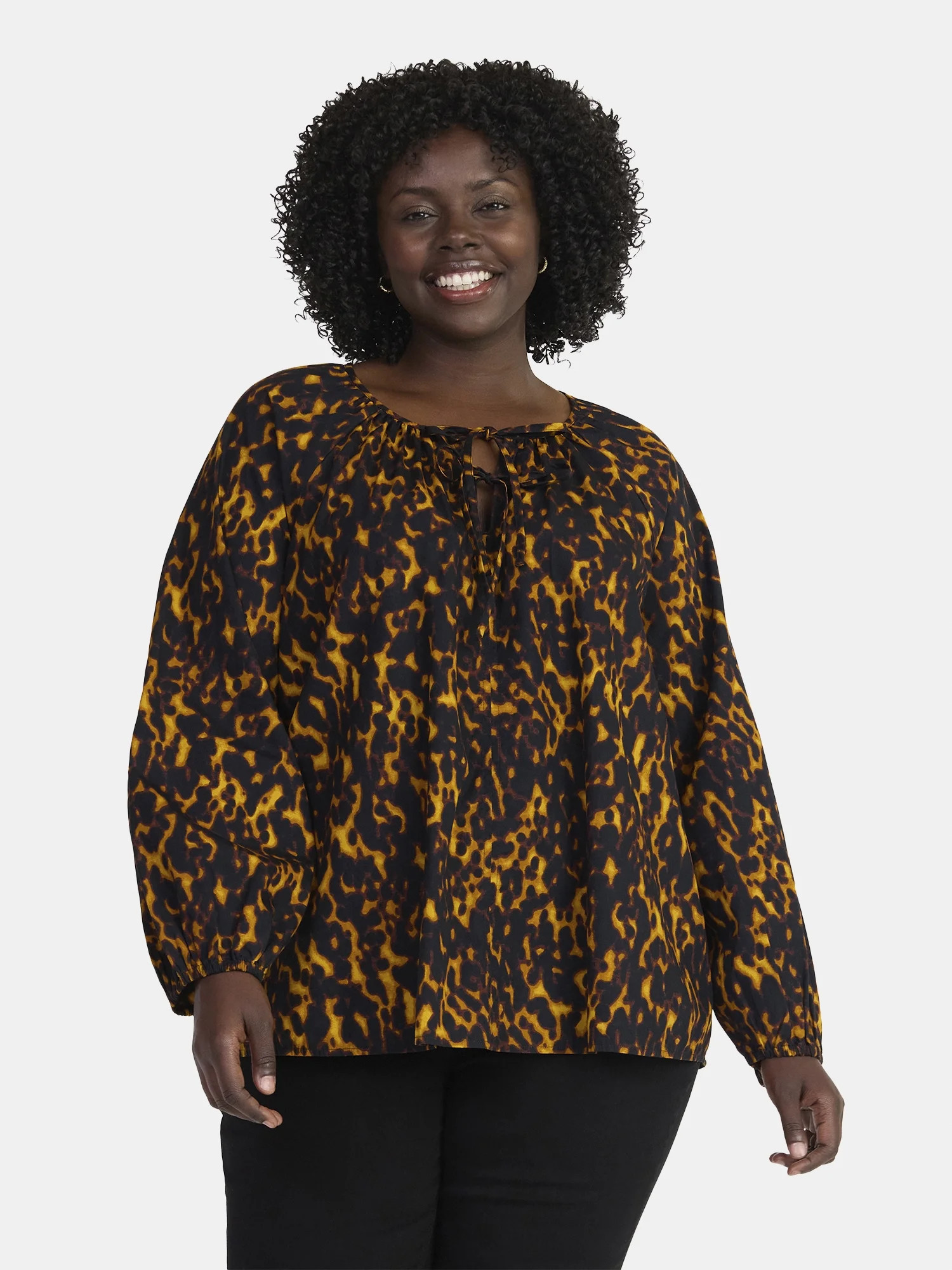 Terra & Sky Women's Plus Size Tie Front Blouse with Long Sleeves, Sizes 0X-4X | Walmart (US)