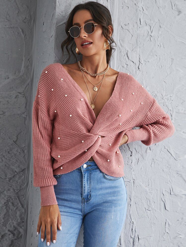 Drop Shoulder Twist Front Pearls Beaded Sweater | SHEIN