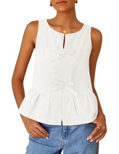 ZESICA Women's Summer Sleeveless Peplum Tank Tops 2026 Tie Front Crewneck Loose Flowy Ruffle Babydoll Going Out Shirts White Medium | Amazon (US)