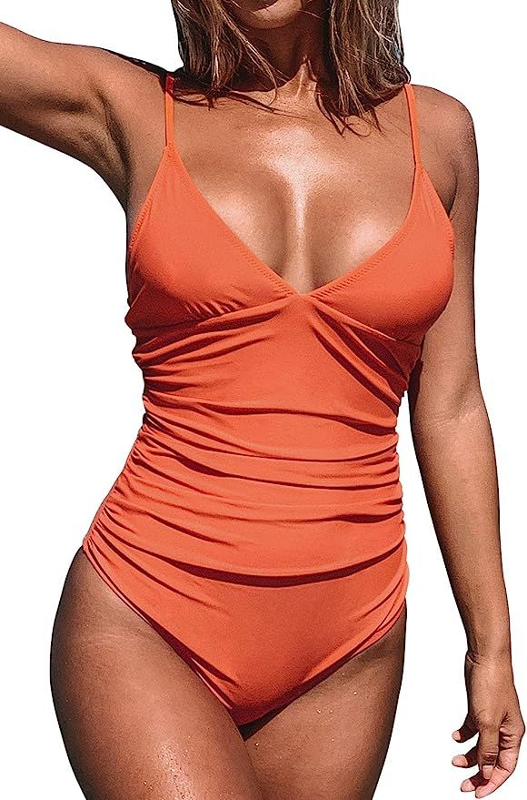 CUPSHE Women's Shirring Design V-Neck Low Back One Piece Swimsuit | Amazon (US)