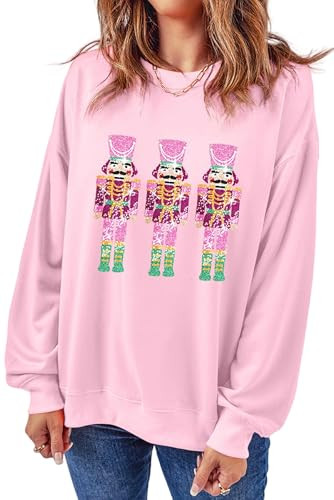 KMBANGI Women Christmas Nutcracker Sweatshirt Sequin Sparkly Holiday Funny Graphic Pullover Top Oversized Crew Neck Long Sleeve Sweatshirts(Cute Pink,S) | Amazon (US)