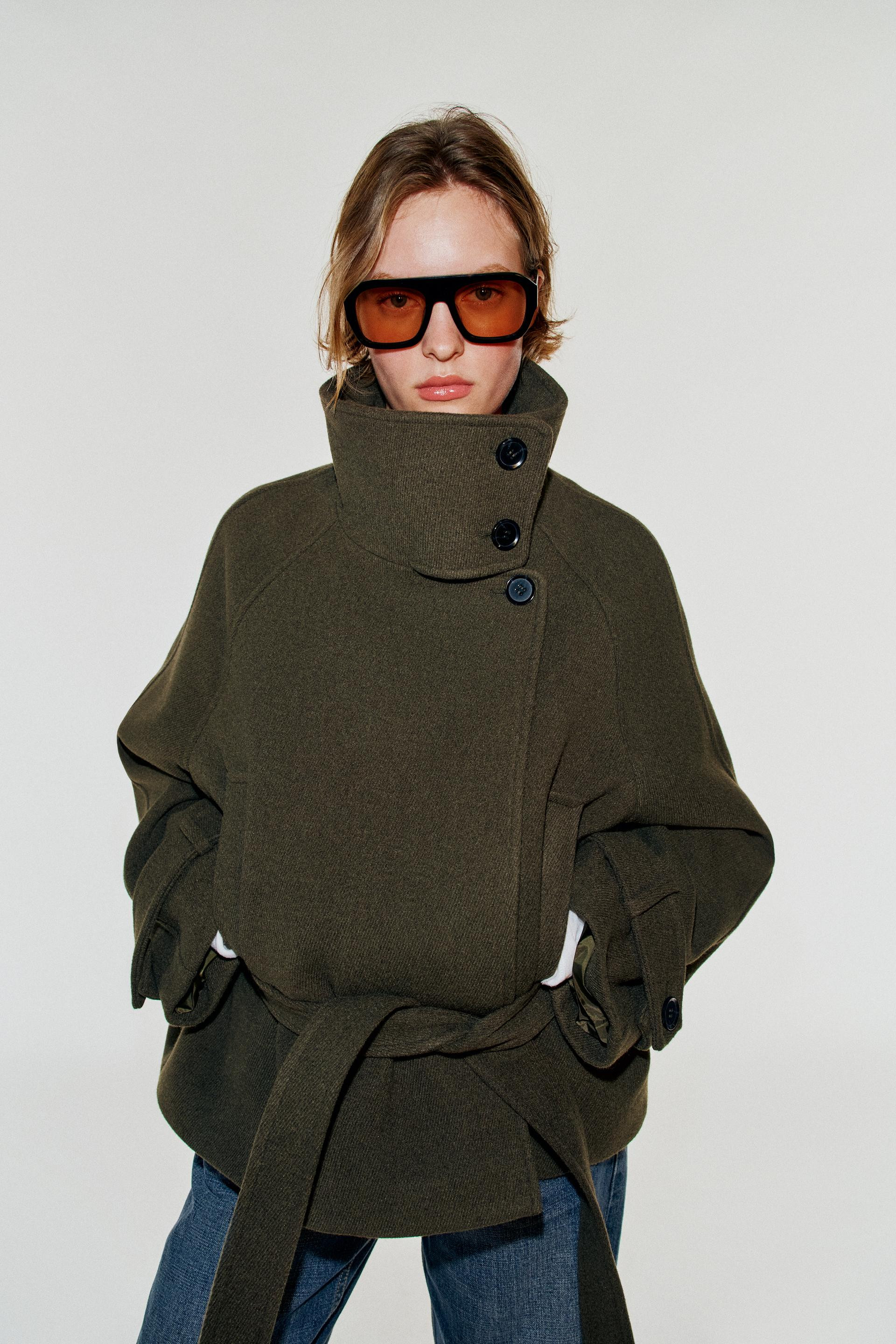Zara - Belted High Collar Coat - Khaki - Xl - Woman | Zara UK