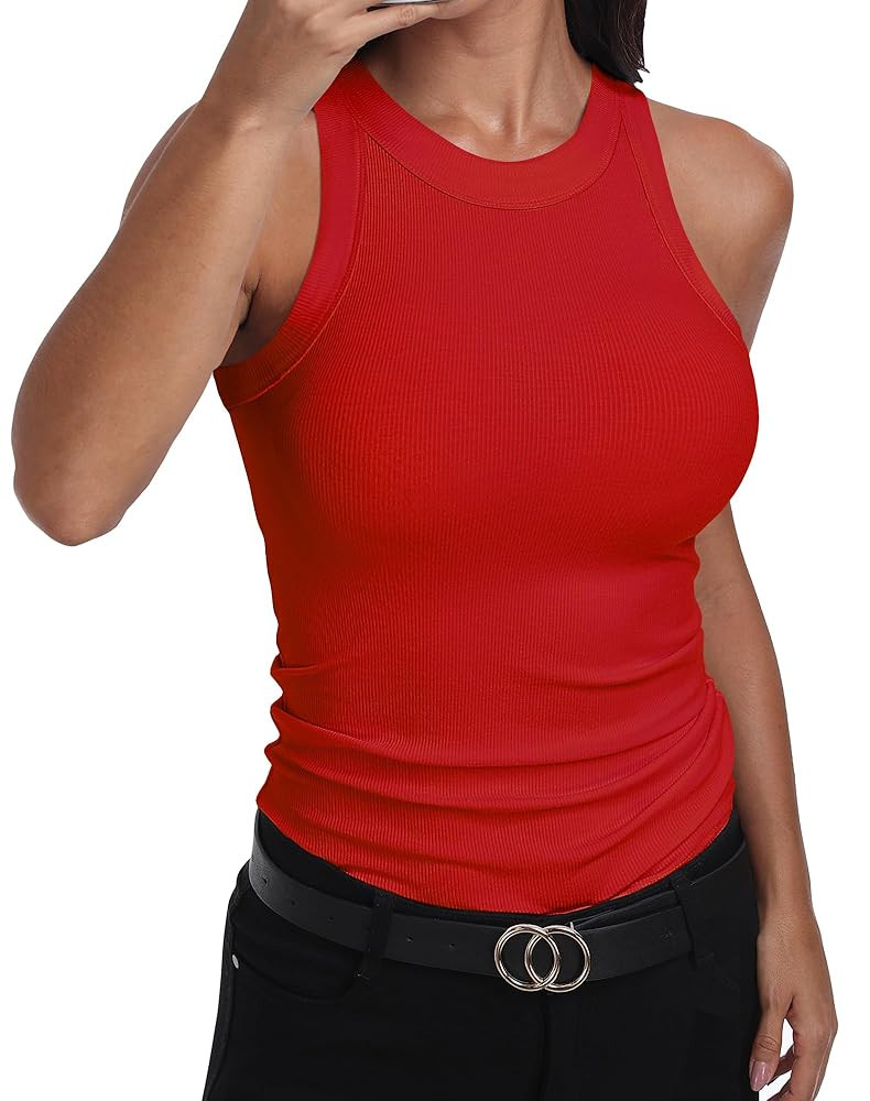 GEMBERA Womens Sleeveless Racerback High Neck Casual Basic Cotton Ribbed Fitted Tank Top | Amazon (US)