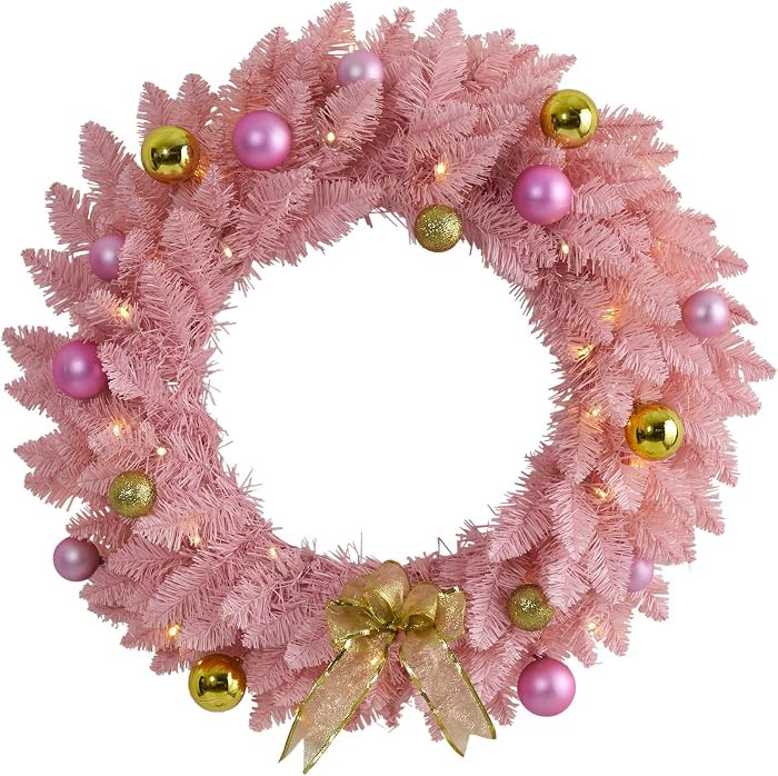 Nearly Natural 24 in Pink Artificial Christmas Wreath with 35 LED Lights | Amazon (US)