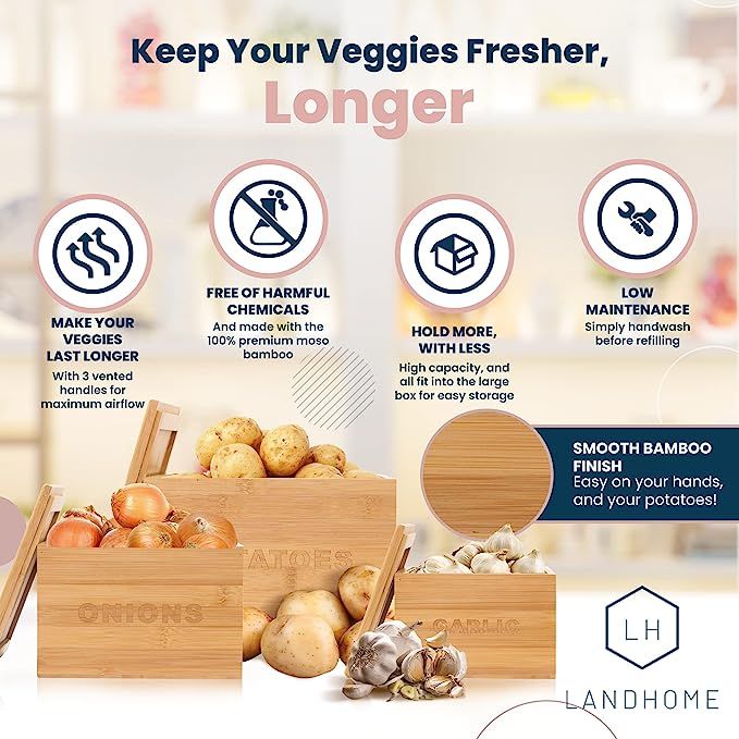 LandHome Onion and Potato Storage Bamboo Vegetable Bins (3 Pcs) Stackable, Engraved Garlic Contai... | Amazon (US)