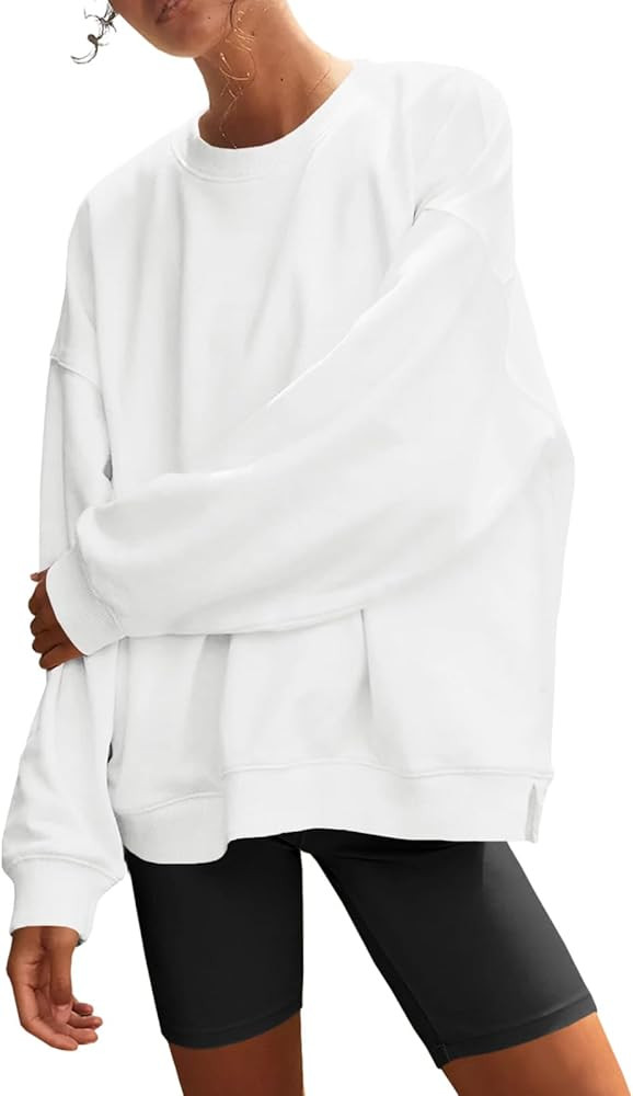 Fisoew Women's Long Sleeve Crewneck Sweatshirt Fall Casual Side Split Solid Color Pullover Top | Amazon (US)