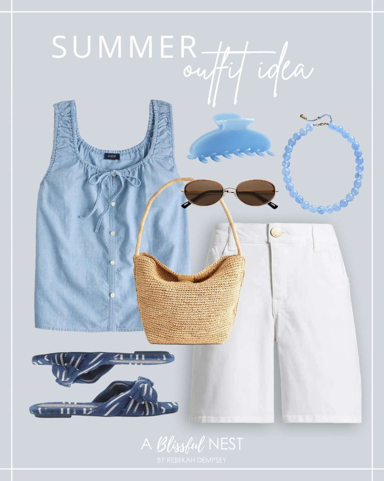Simple, classic, and easy to recreate with these stylish finds. Tap to shop.

Chambray button-front tank top, blue hair claw clip, oval tortoise sunglasses, blue beaded necklace, straw crossbody bag, white denim shorts, and knotted striped slide sandals. 

 #LTKootd #LTKSeasonal #LTKMidsize