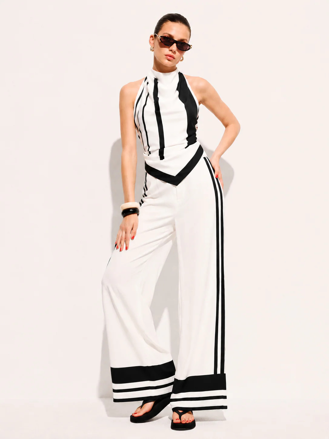 Striped Halter Scarf Top & Wide-Leg Pants Set | Commense