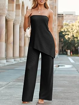 Tankaneo Womens 2 Piece Outfits Asymmetrical Tube Top Wide Leg Pants Knit Vacation Travel 2026 Ma... | Amazon (US)