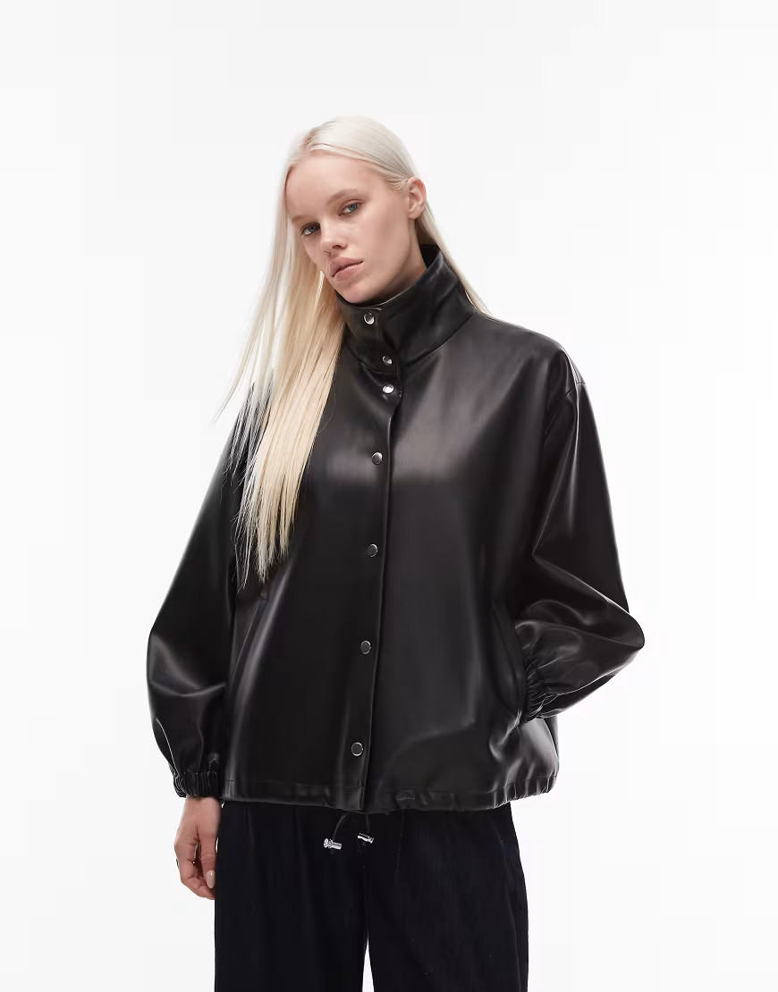 ASOS DESIGN faux leather funnel neck jacket in black | ASOS (Global)