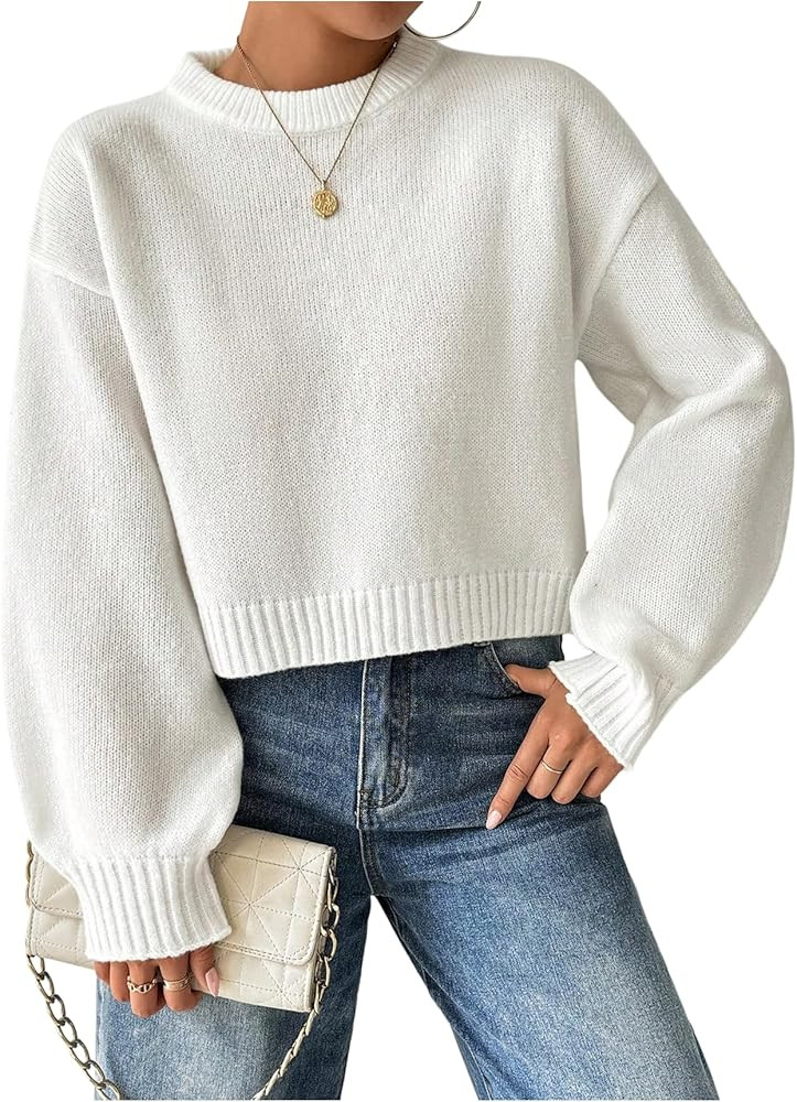 SweatyRocks Women's Oversized Cropped Sweater Long Sleeve Crewneck Knit Pullovers Crop Tops | Amazon (US)