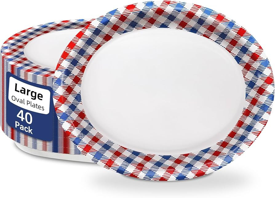 40pcs Gingham Oval Paper Plates 10" X 12" Large Patriotic Paper Plates Heavy Duty Red Blue White ... | Amazon (US)