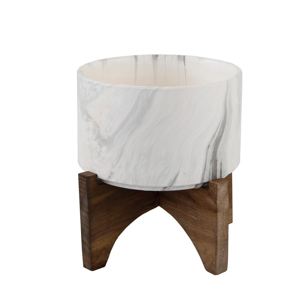 Flora Bunda 5 in. White Marble Ceramic Plant Pot on Wood Stand Mid-Century Planter | The Home Depot