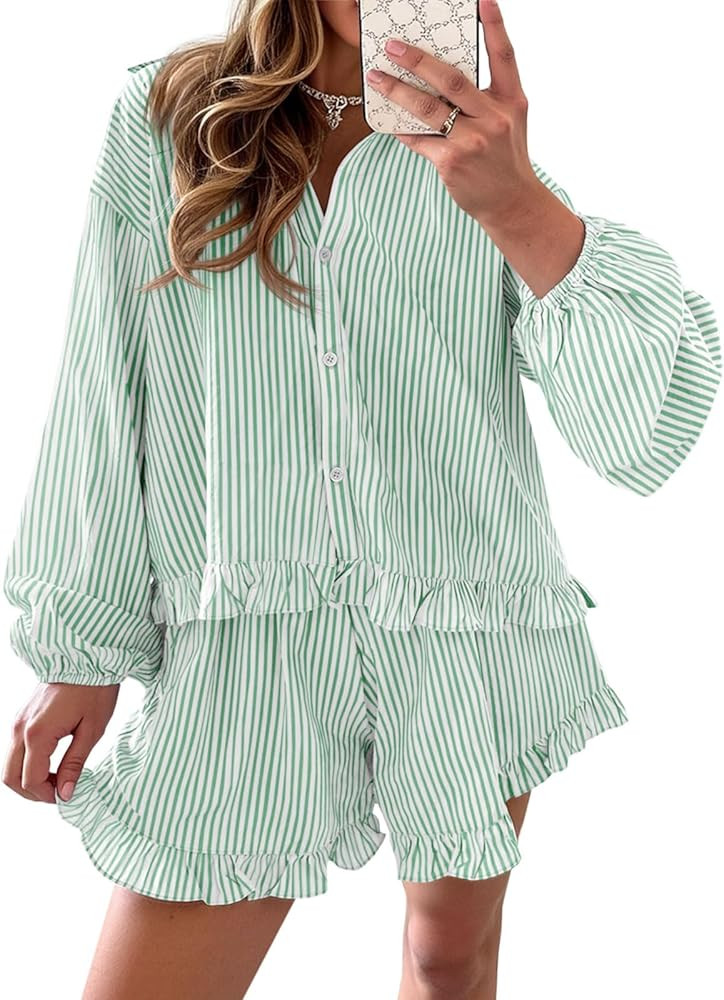 Fisoew Womens Stripe 2 Piece Lounge Sets Button Down Ruffle Shirts Shorts Sets Casual Oversized P... | Amazon (US)