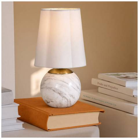 Tamara Day Rosalind 12"H Brass &amp; White Marble Table Lamp w/ Off-White Shade | Lamps Plus