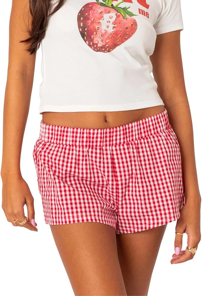 Gingham Boxers Shorts for Women Y2K Elastic Waist Plaid Pajama Shorts Micro Lounge Shorts Striped... | Amazon (US)