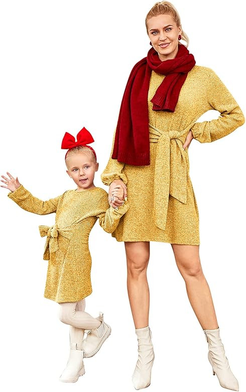 PopReal Mommy and Me Outfits Black Leopard Long Sleeve Wrap Front Tie Waist Dress Family Matching... | Amazon (US)