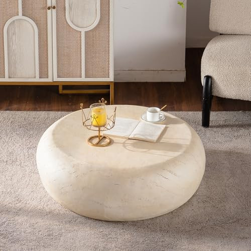 35.43" Round MgO Coffee Table for Living Room, Mid-Century Modern Vintage Faux Stone Circle Center SideTable for Living Room No Assembly, Beige | Amazon (US)