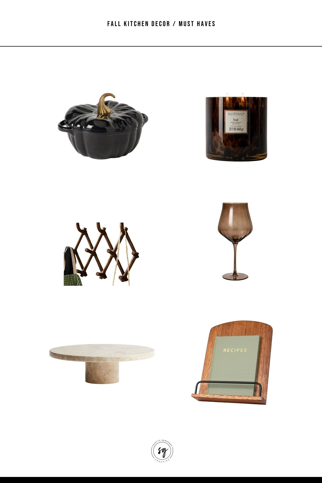 Whenever you're styling your kitchen counters and shelves, there are certain types of objects that ALWAYS work well.  

Here are my picks with an autumnal twist- the perfect small accents to add fall decor to your kitchen.  Add these now and they should last you all the way through the season.

•Pumpkin cast iron pot - set this out on the stove, even if you don't cook with it!  I linked a few options but the one shown is a GREAT value.
•Choose one luxe candle - this one is in a non-pumpkin scent, if you're looking for something a little different.
•If you have a blank wall and need a little extra storage, hang this rattan accordion rack and use it to display dried herbs, a pretty apron, or anything that hangs.
•Brown wine glasses have a distinctly vintage feel and they're perfect for displaying on an open shelf and setting the scene for a Fall dinner party or Thanksgiving gathering.
•You can never have enough cake stands.  They serve as risers to bring height to your arrangements and work expecially welI in corners.  Love the warm marble.
• This cookbook stand helps display a seasonal volume AND introduces a nice warm wood tone to your space.

Happy decorating! 

 #LTKHome #LTKFindsUnder50 #LTKautumn