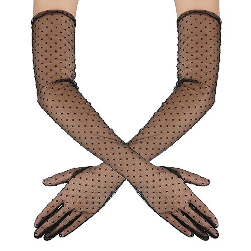 Polka Dot Long Lace Tulle Gloves Black Sexy Sheer Gloves Vintage Mesh Gloves Elbow Length Sheer Gloves for Wedding Tea Party Dance 20s Opera Party Halloween Costume Sun Protection Gloves | Amazon (US)
