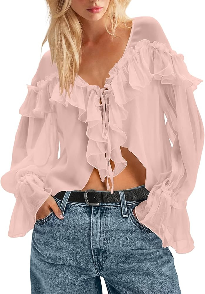 Boho Tops for Women Lace Tie Front Tops Ruffle Top Long Sleeve Flowy Blouse V Neck Shirt Beach Va... | Amazon (US)