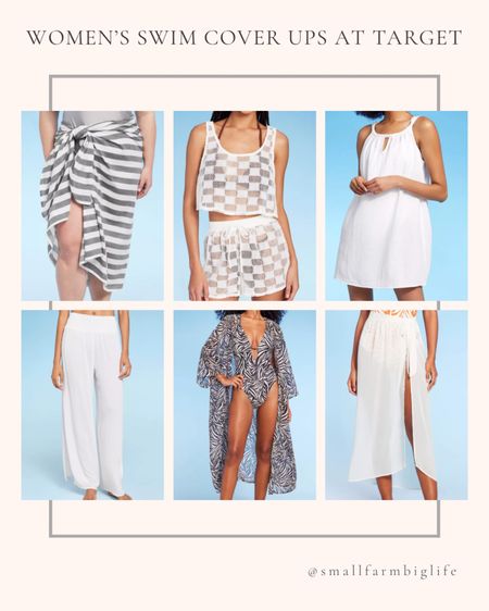Women’s swim cover up at Target. Swimsuit. Summer. Grey and white striped long cover up sarong. White open weave checkered crochet cover up tank top and shorts. White tunneled neckline short cover up dress. White side sash long cover up sarong. Black and white zebra print maxi duster cover up. White smocked waist side slit cover up pants  

#LTKSwim #LTKFindsUnder50 #LTKOver40