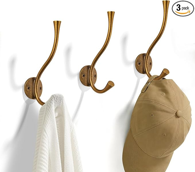 SAILING 3 Pack Coat Hooks - Antique Brass Coat Hooks Decorative Wall Hooks for Bathroom Living Ro... | Amazon (US)