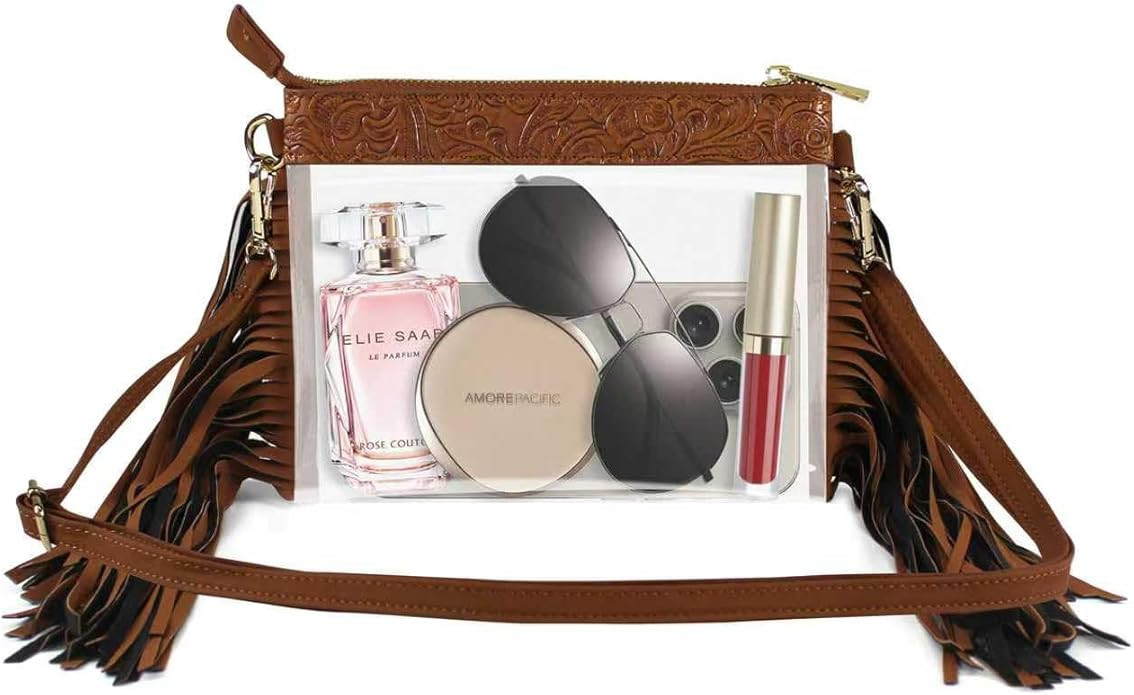 MOETYANG Clear Western Purse with Leather Fringe Trim, Brown Tassel Design, Transparent | Amazon (US)
