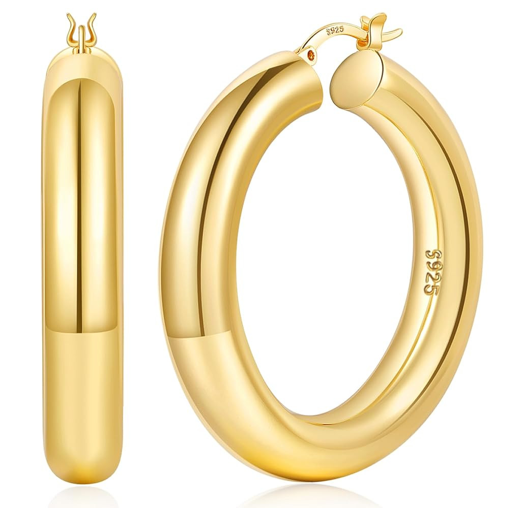 YOUNGYUE 8mm Chunky Gold Hoop Earrings Hypoallergenic 925 Sterling Silver Hollow Tube Hoop Earrin... | Amazon (US)