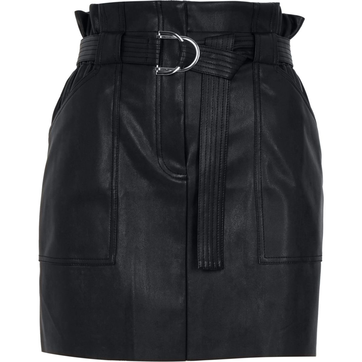 Black paperbag waist faux leather mini skirt | River Island (UK & IE)