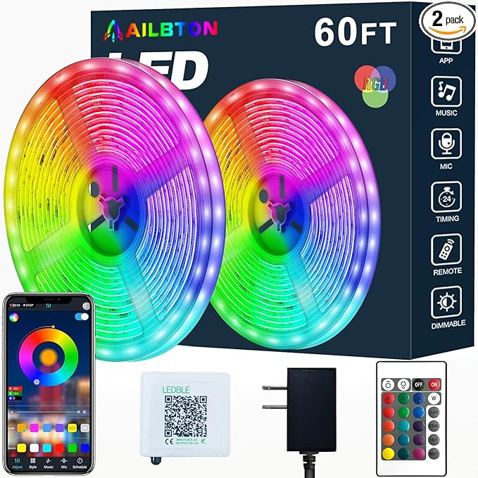 AILBTON Led Strip Lights,60ft Music Sync Color Changing, Built-in Mic,Bluetooth App Control LED T... | Amazon (US)