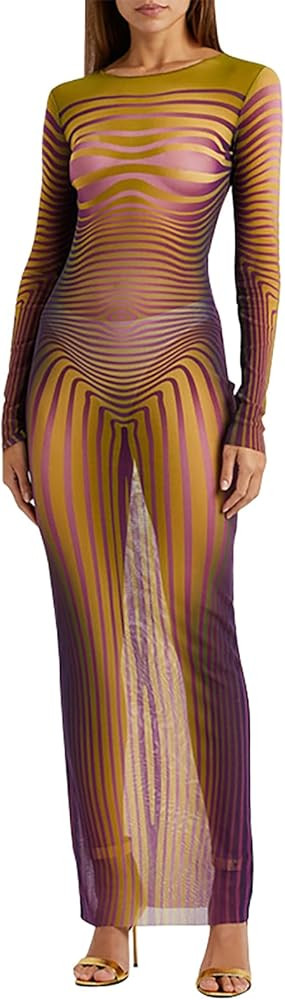 Women’s Sheer Mesh Sexy Bodycon Long Sleeve Ruched Maxi Dress Printed Slim Fit Party Club Dress... | Amazon (US)