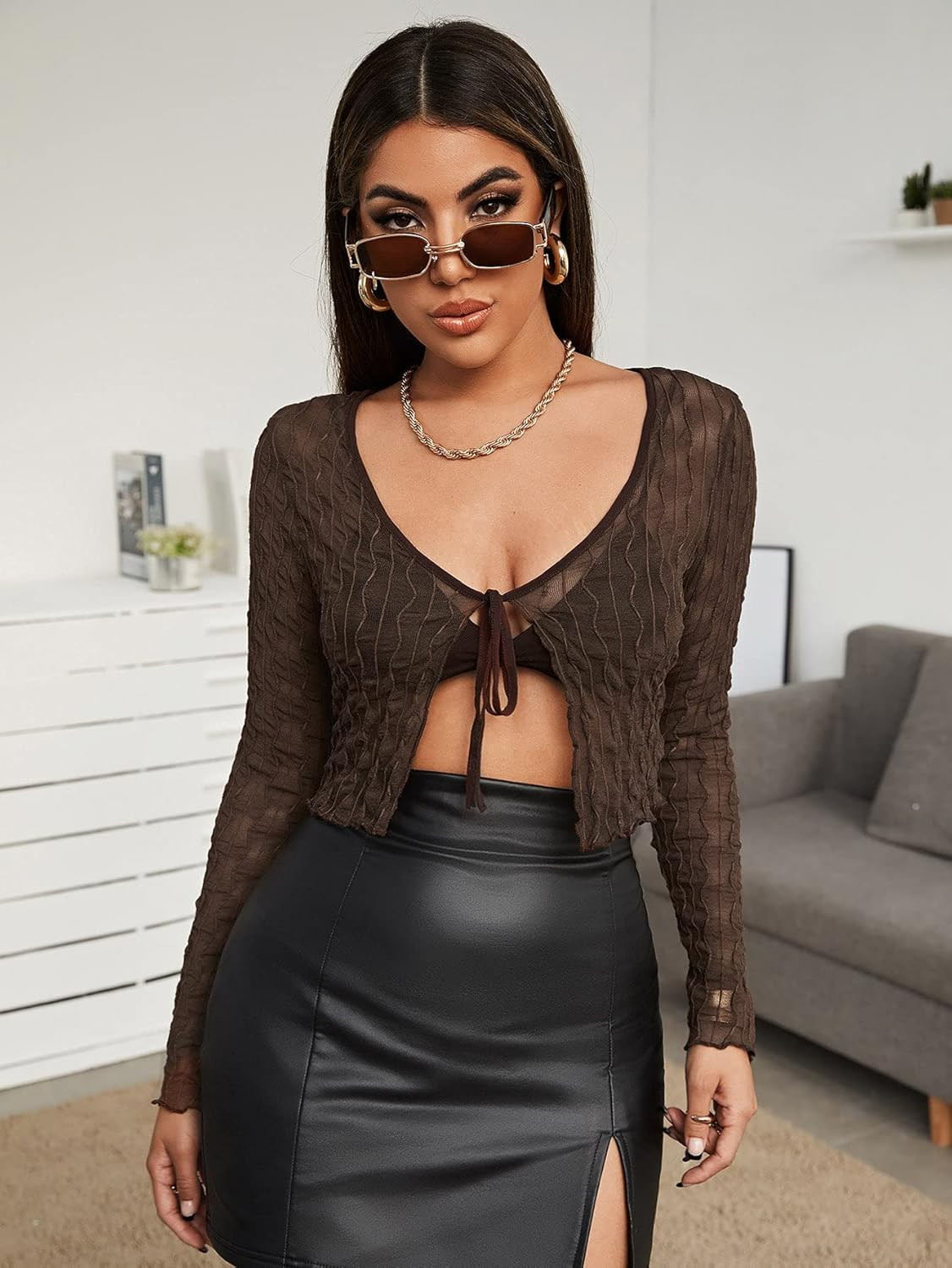 Floerns Women's Sheer Mesh Long Sleeve Open Front Self Tie Crop Top Without Bra | Amazon (US)