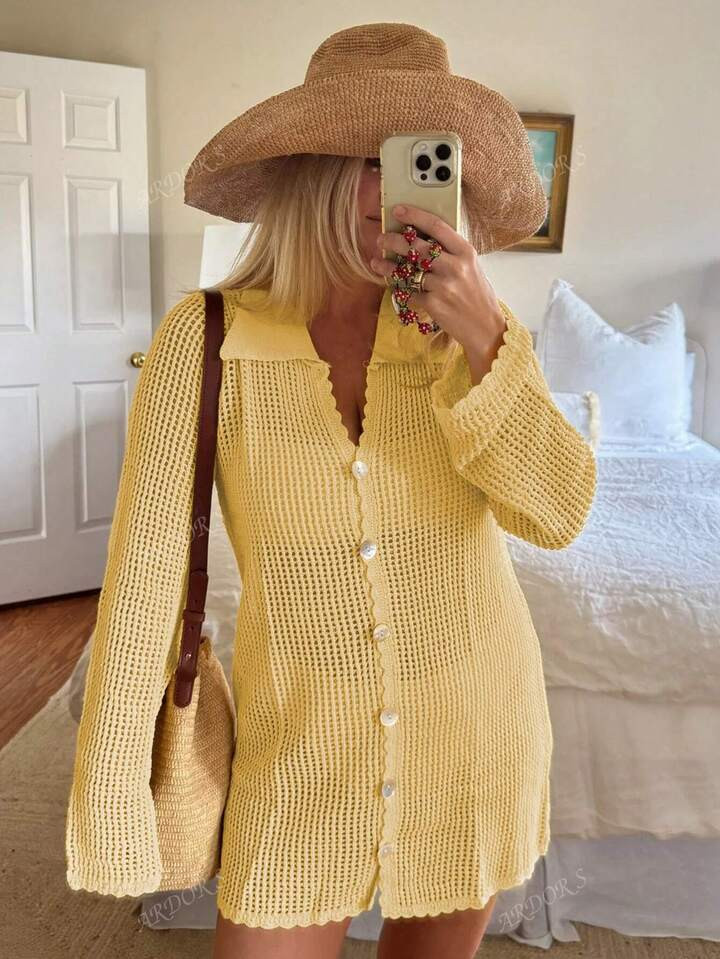 ARDOR S Women's Yellow Spring Summer Women's Vacation Dresses Fashion Seaside Beach Vacation Casual Loose Comfortable Lapel Button Embellishment Semi-Sheer Cardigan Sweater Long Sleeve Women's Knit Blouse | SHEIN