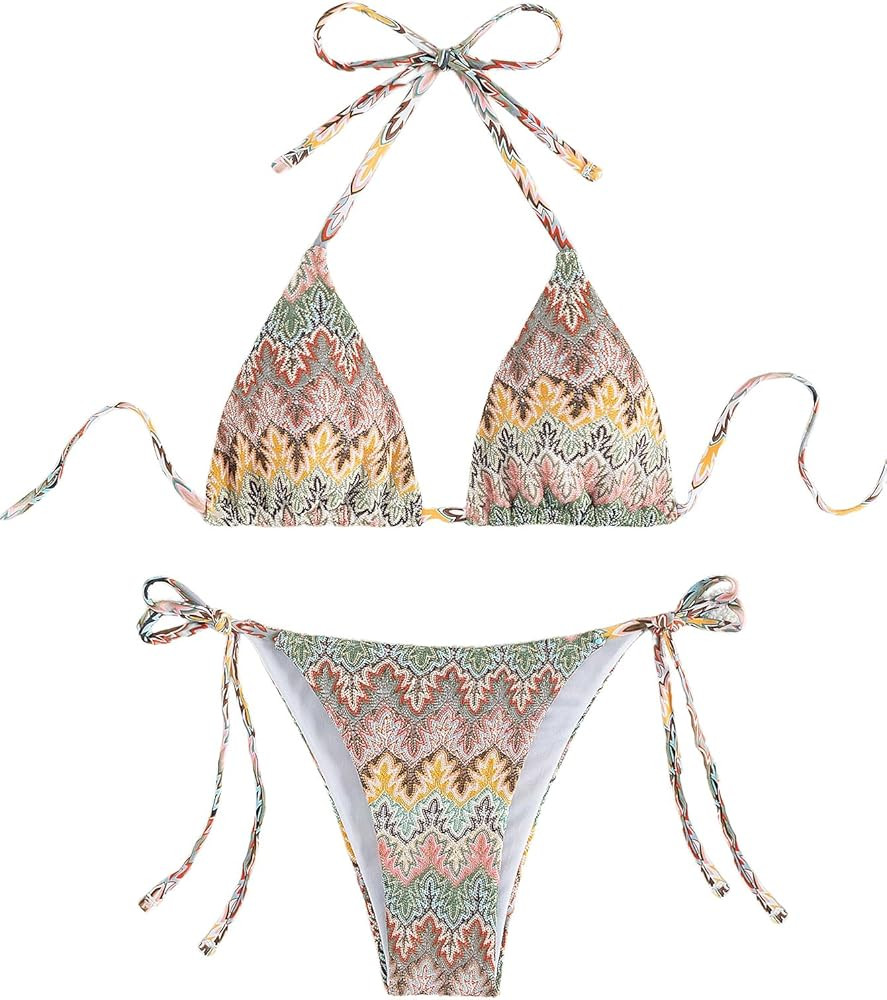 SHENHE Women's 2 Piece Swimsuit Floral Print Halter Tie Side Triangle Bikini Set | Amazon (US)
