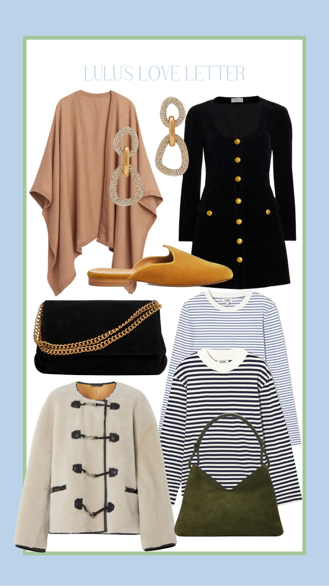 🤍Cos long sleeve stripe cotton tshirt
🤍Cos long sleeved stripe mock neck tshirt
🤍Alc ivy velvet button-front mini dress 
🤍Cuyana Baby Alpaca Square Edge Cape Camel — 100% Baby Alpaca comes
🤍STAUD Exclusive Valerie Suede Shoulder Bag 
🤍LE MONDE BÉRYL
VENETIAN MULE, VELVET 
🤍CULT GAIA Reyes Earrings
🤍Mango Appliqués faux-fur coat
🤍Toteme Leather-trimmed shearling jacket
🤍Mango black suede flap shoulder bag 


#LTKSeasonal #LTKU #LTKunder100