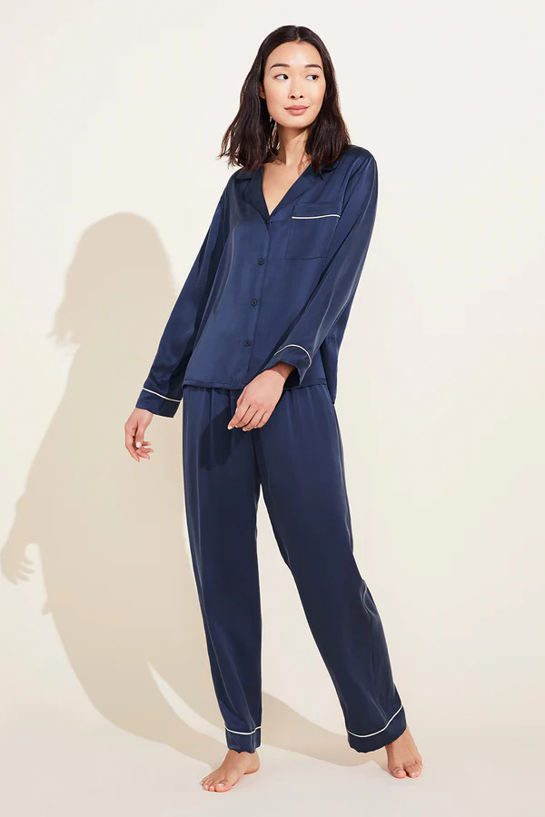 Inez Washable Silk Long PJ Set - Navy/Champagne | Eberjey