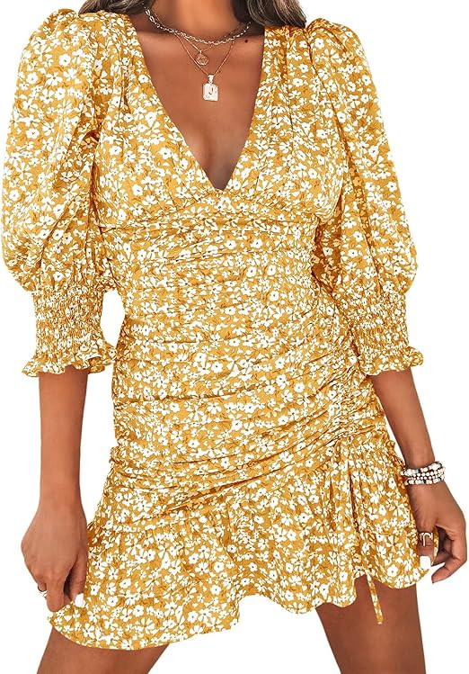 Teurkia Women's Summer Sexy V Neck Dresses Floral Print Ruched Half Puff Sleeve Mini Dress | Amazon (US)