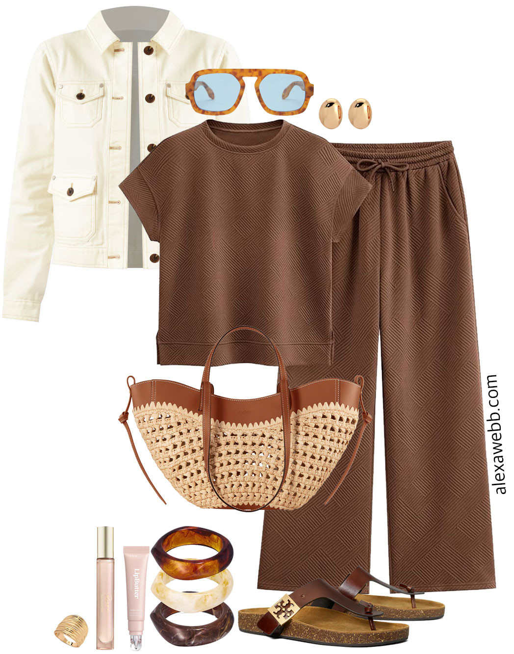 Plus Size Amazon Bestselling Athleisure Set - A plus size brown athleisure set from Amazon, a blog favorite, styled with Tory Burch sandals, a Polène raffia bag, chunky bangle bracelets, and aviator sunglasses. Top the outfit with a cream jacket. Perfect for spring! Alexa Webb 

 #LTKOver40 #LTKMidsize #LTKPlusSize