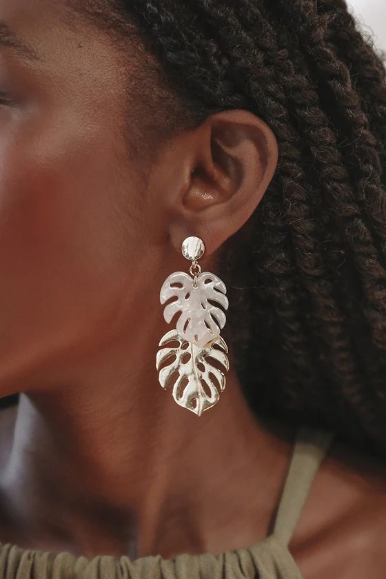 Tropical Jungle Gold and White Acetate Leaf Earrings | Lulus (US)