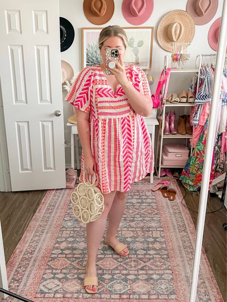 Pink ikat print dress, beach dress, summer dress, beach outfit, beach vacation, gold beach bag, Florida outfit

#LTKunder50 #LTKcurves #LTKsalealert