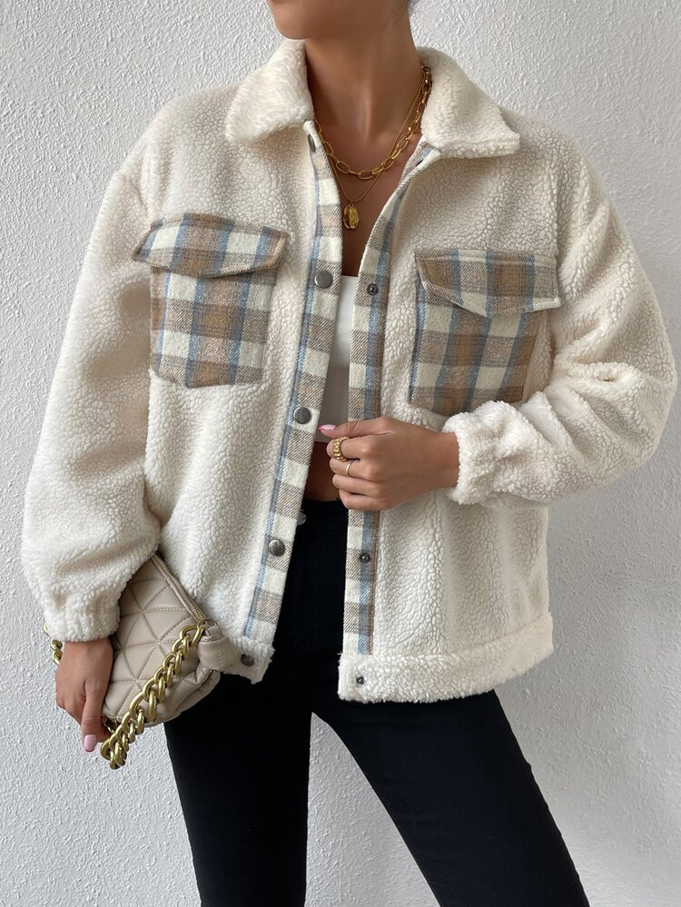 Contrast Plaid Panel Drop Shoulder Teddy Jacket | SHEIN