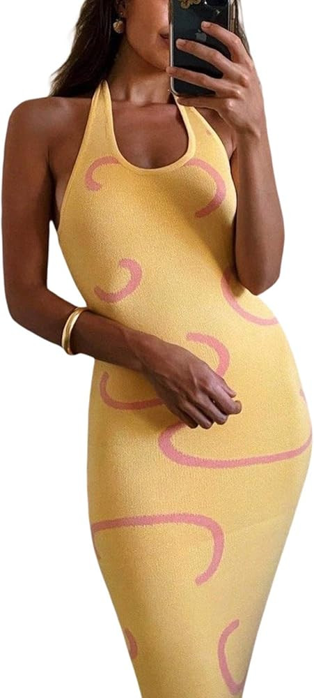 NUFIWI Print Knit Bodycon Dress for Women Y2K Green Hollow Out Midi Dresses Sleeveless 2021 Summe... | Amazon (US)