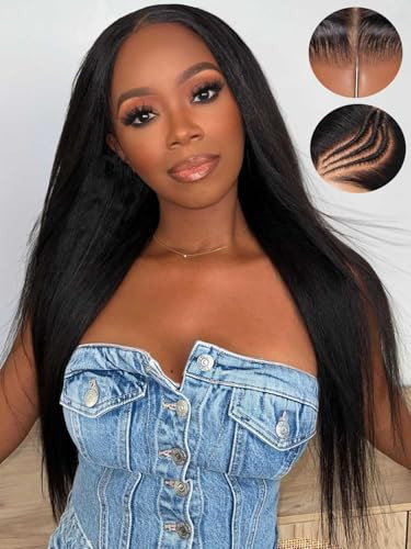 Beauty Forever 13x4 Glueless Frontal Yaki Straight Lace Front Human Hair Wig, Bye Bye Knots Ear to Ear Pre Cut Kinky Straight Lace Wig 150% Density 24inch | Amazon (US)