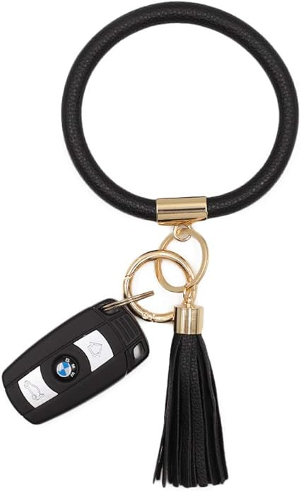 Mwfus Upgrade Round Key Ring Bracelet Leather Wristlet Keychain, Large Circle Bangle Keyring Tass... | Amazon (US)